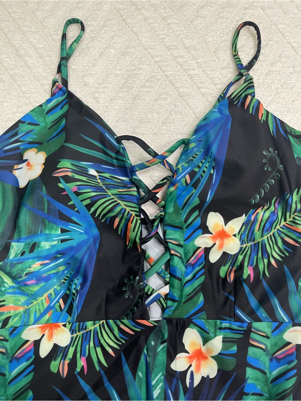 Tropical Floral One-Piece Swimsuit Green/Blue with Lace Up Front Size L - Picture 3 of 12